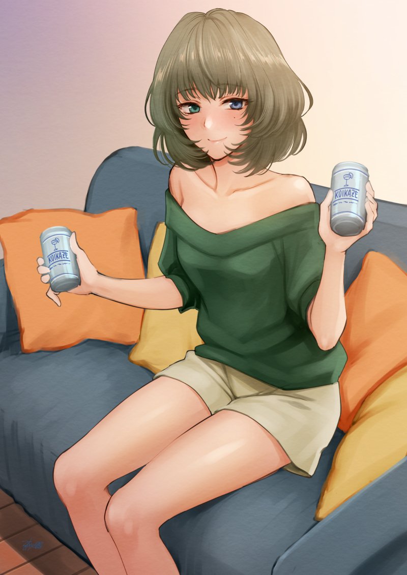 1girl alcohol bangs bare_shoulders beige_shorts blue_eyes blush breasts can closed_mouth collarbone couch eyebrows_visible_through_hair green_eyes green_hair green_sweater hands_up heterochromia holding holding_can idolmaster idolmaster_cinderella_girls indoors looking_at_viewer medium_breasts mole mole_under_eye no_legwear off-shoulder_sweater orange_pillow outstretched_arms pillow shiny shiny_hair short_hair shorts shoukaki_(earthean) sitting smile solo sweater takagaki_kaede yellow_pillow