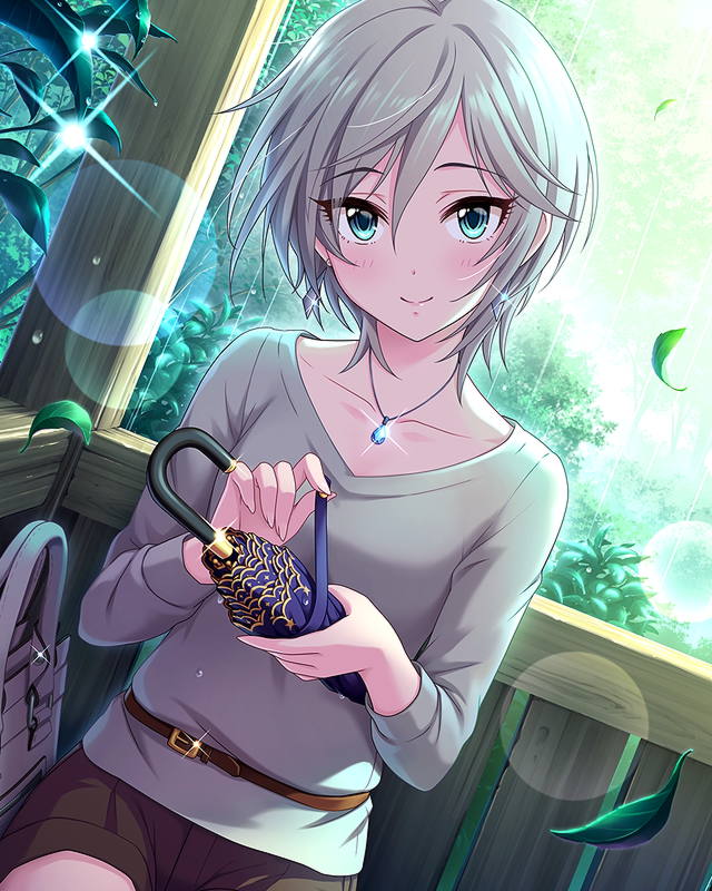1girl anastasia_(idolmaster) artist_request bag bangs belt blue_eyes blush closed_umbrella collarbone day earrings eyelashes hair_between_eyes holding holding_umbrella idolmaster idolmaster_cinderella_girls jewelry leaf long_sleeves looking_at_viewer necklace official_art outdoors rain short_hair shorts silver_hair sitting smile solo sunlight umbrella