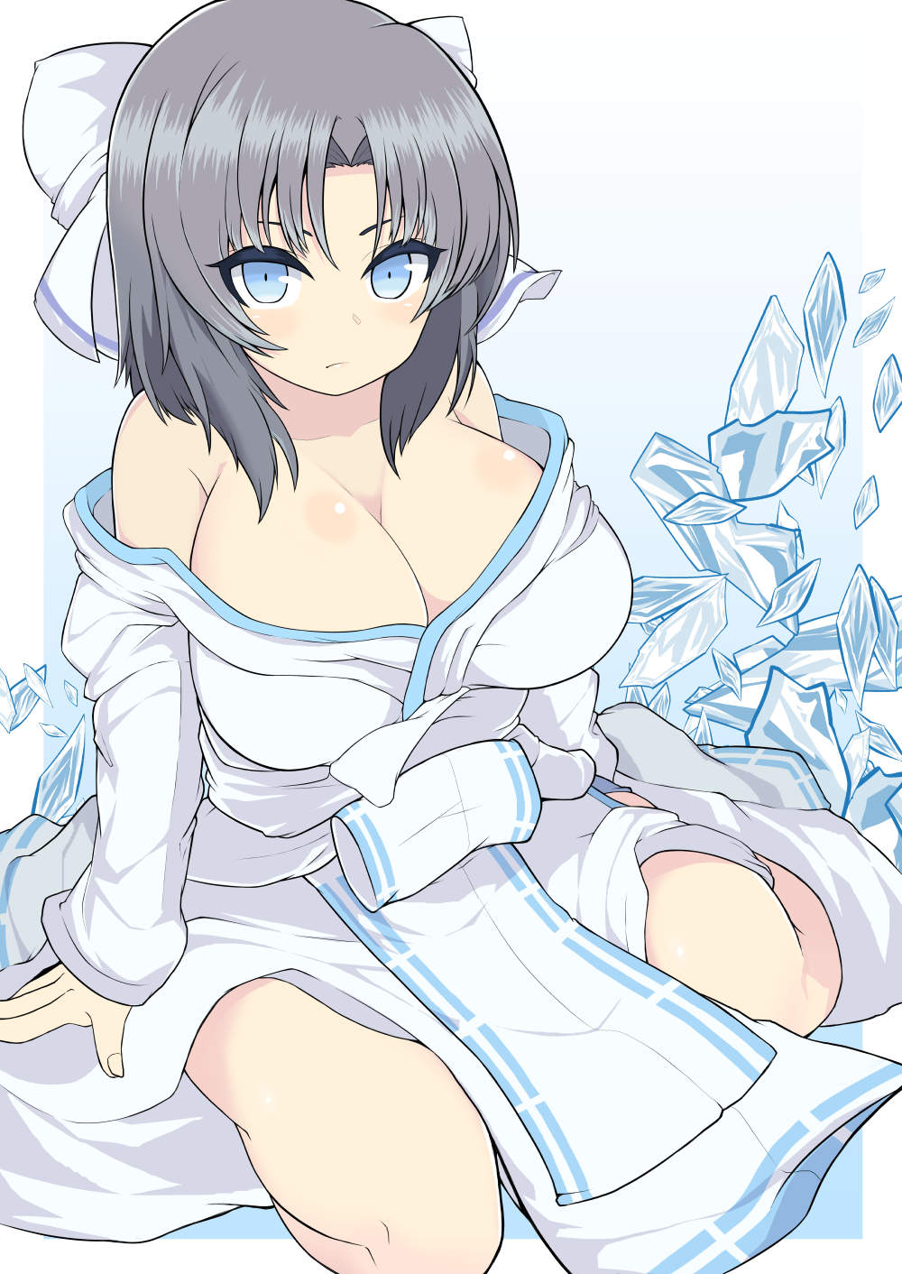 1girl bare_shoulders blue_eyes bow breasts cleavage collarbone grey_hair hair_bow highres huge_breasts japanese_clothes looking_at_viewer off_shoulder seiza senran_kagura sitting solo thighs white_bow yumi_(senran_kagura)