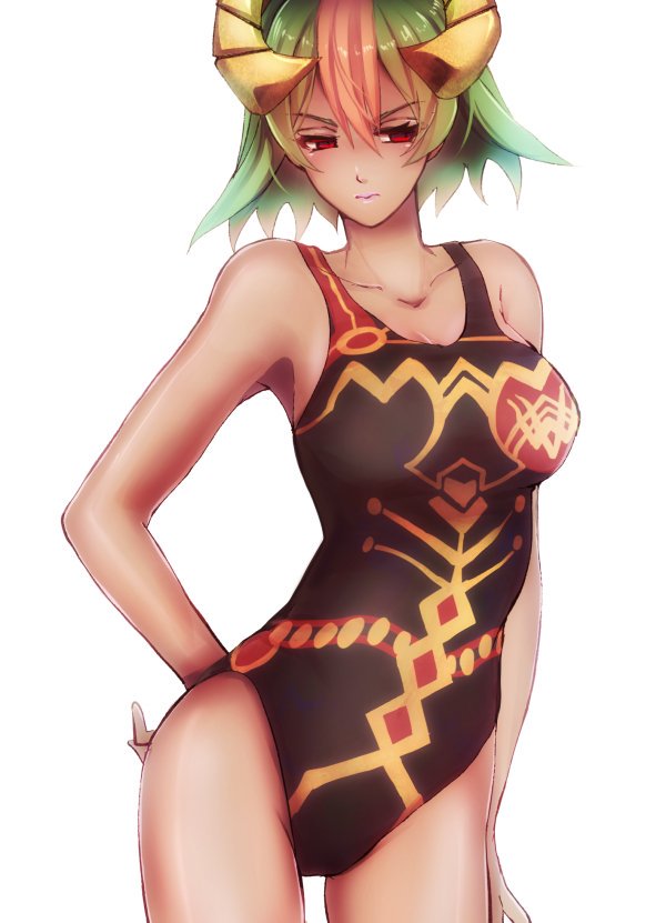 1girl adapted_costume dark_skin fire_emblem fire_emblem_heroes green_hair laegjarn_(fire_emblem_heroes) multicolored_hair oka_(umanihiki) one-piece_swimsuit red_eyes short_hair simple_background solo swimsuit white_background