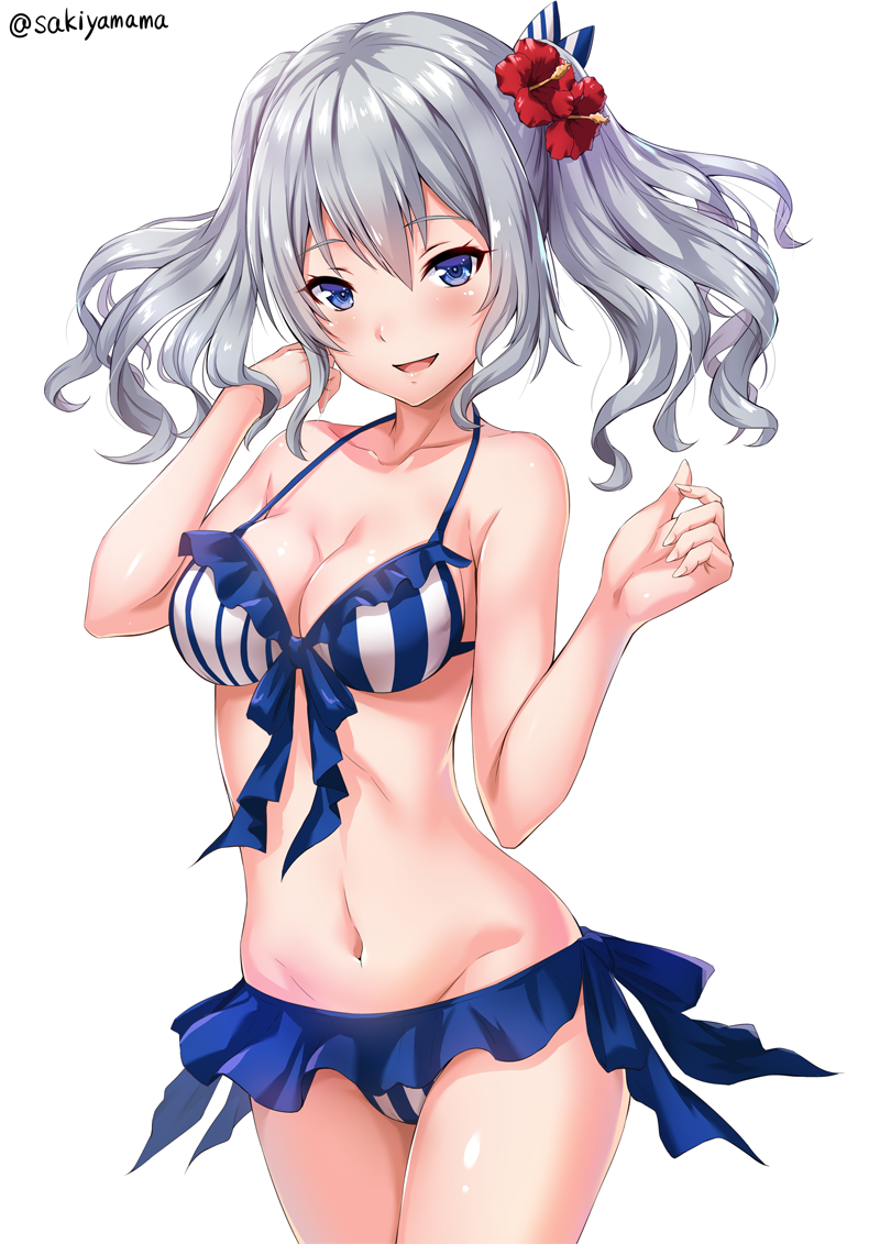 1girl :d adapted_costume artist_name bare_shoulders bikini bikini_skirt blue_eyes breasts cleavage collarbone cowboy_shot eyebrows eyebrows_visible_through_hair flower frilled_bikini frills hair_flower hair_ornament hands_up hibiscus kantai_collection kashima_(kantai_collection) lawson legs_together looking_at_viewer medium_breasts navel open_mouth parted_lips sakiyamama shiny shiny_skin short_hair silver_hair smile solo standing stomach striped striped_bikini swimsuit twintails two_side_up vertical-striped_bikini vertical_stripes wavy_hair
