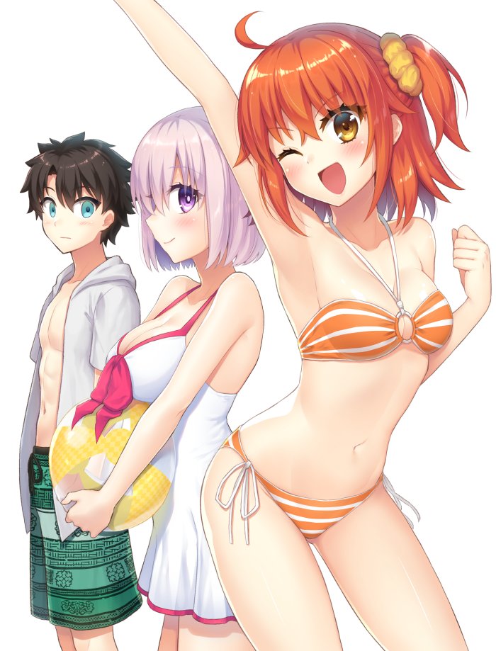 1boy 2girls ahoge bikini black_hair blue_eyes casual_one-piece_swimsuit cowboy_shot fate/grand_order fate_(series) fujimaru_ritsuka_(female) fujimaru_ritsuka_(male) green_shorts hood hooded_jacket hoodie jacket male_swimwear mash_kyrielight multiple_girls nakamura_hinato o-ring o-ring_top one-piece_swimsuit one_eye_closed one_side_up open_clothes open_jacket open_mouth orange_bikini orange_hair purple_hair short_hair shorts side-tie_bikini side_ponytail simple_background standing striped striped_bikini swim_trunks swimsuit swimsuit_of_perpetual_summer swimwear violet_eyes white_background white_jacket white_swimsuit yellow_eyes