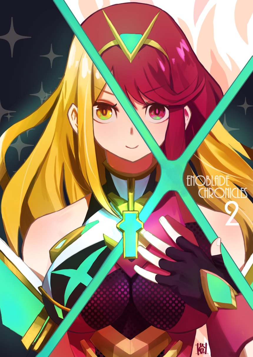 2girls armor bangs blonde_hair breasts dress earrings highres jewelry large_breasts long_hair looking_at_viewer mythra_(xenoblade) pyra_(xenoblade) red_eyes redhead short_hair simple_background smile solo sou_(pale_1080) tiara xenoblade_(series) xenoblade_2 yellow_eyes