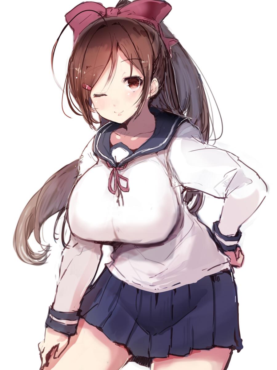 1girl ;) alternate_costume bow breasts brown_hair commentary_request cowboy_shot hair_bow hair_ornament hairclip hand_on_hip hand_on_own_thigh highres kantai_collection large_breasts long_hair mamiya_(kantai_collection) navy_blue_sailor_collar navy_blue_skirt one_eye_closed pleated_skirt ponytail red_bow red_neckwear red_ribbon ribbon school_uniform serafuku skirt smile solo sumisu_(mondo)
