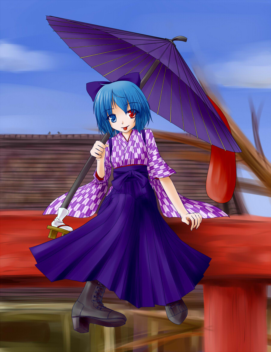 1girl alternate_costume bashamichi blue_hair blue_sky boots brown_footwear cross-laced_footwear heterochromia holding holding_umbrella koki110-6 lace-up_boots long_skirt looking_at_viewer short_hair sitting skirt sky tatara_kogasa tongue tongue_out touhou umbrella yagasuri