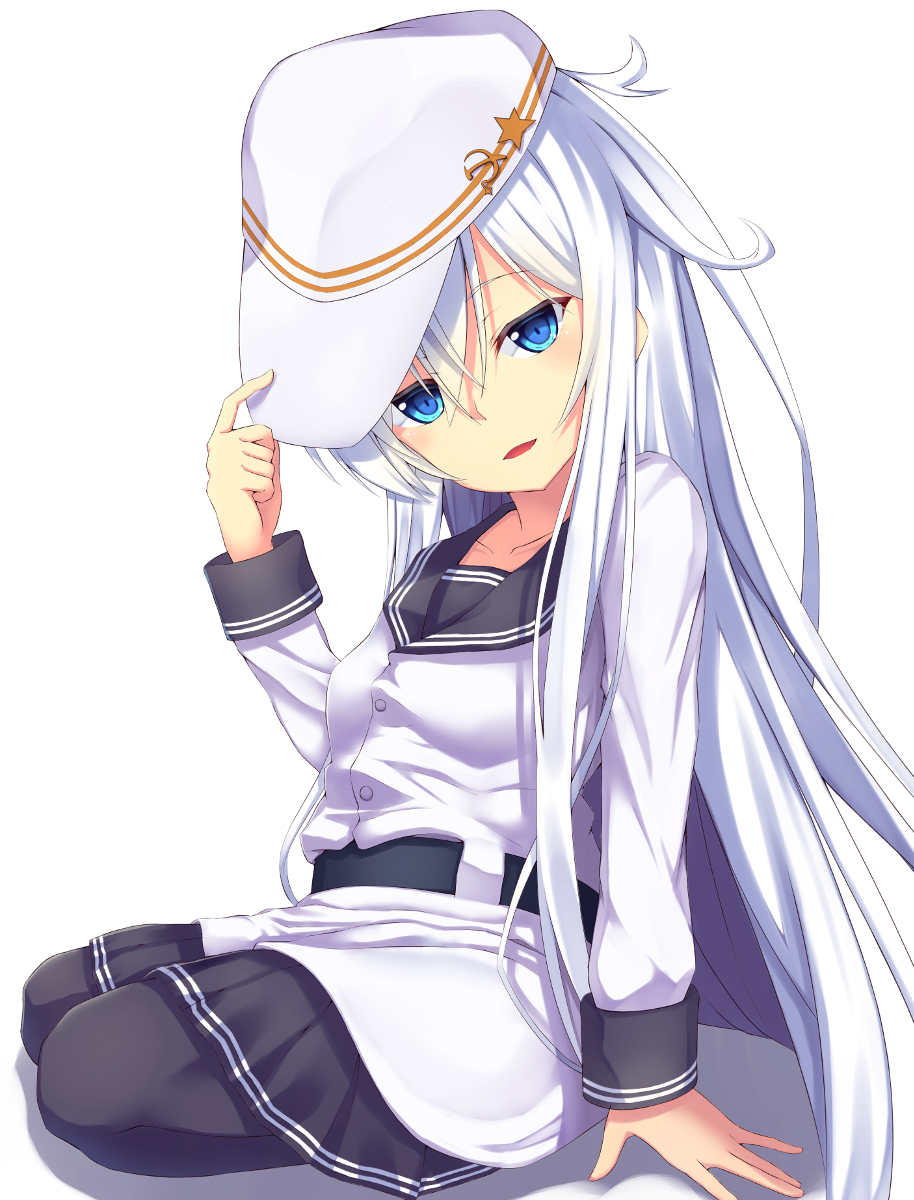 1girl arm_support black_legwear black_skirt blue_eyes collarbone hair_between_eyes hat hcci_pcci hibiki_(kantai_collection) highres kantai_collection long_hair looking_at_viewer military military_uniform miniskirt open_mouth pleated_skirt silver_hair simple_background sitting skirt smile solo star_hat_ornament uniform verniy_(kantai_collection) very_long_hair white_background white_hat
