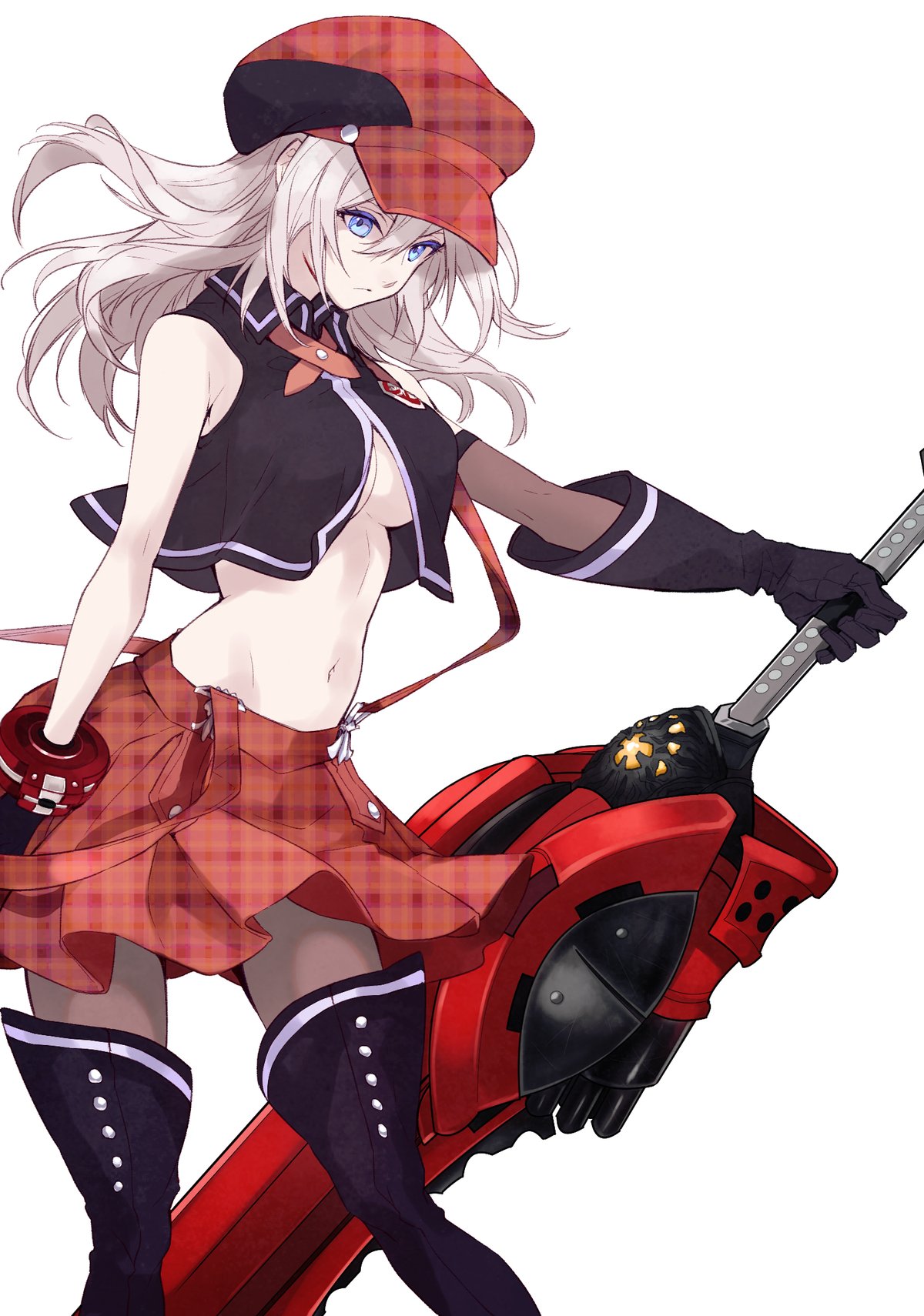 1girl alisa_ilinichina_amiella bare_shoulders black_footwear black_gloves blue_eyes boots breasts cabbie_hat closed_mouth commentary cowboy_shot elbow_gloves fingerless_gloves gloves god_eater hat highres holding holding_weapon huge_weapon long_hair midriff navel plaid plaid_skirt pleated_skirt sanbabasanba shirt silver_hair skirt sleeveless sleeveless_shirt stomach suspender_skirt suspenders thigh-highs thigh_boots under_boob weapon