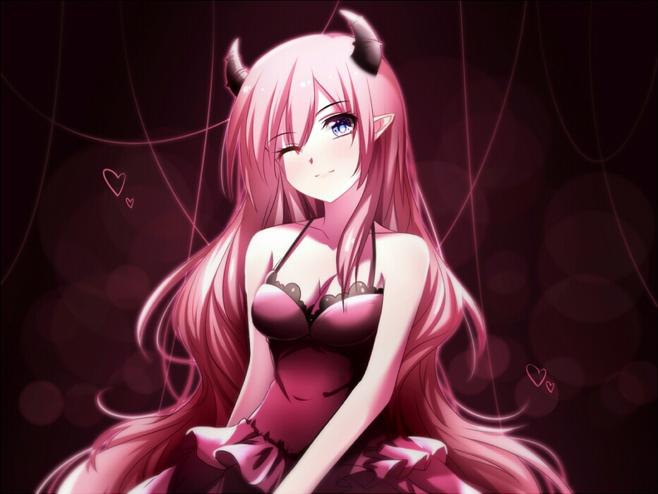 1girl blue_eyes breasts cleavage collarbone doc.lnn dress eyebrows_visible_through_hair floating_hair hair_between_eyes head_tilt heart horns layered_dress lens_flare long_hair looking_at_viewer medium_breasts megurine_luka pink_dress pink_hair pointy_ears shiny shiny_hair solo upper_body very_long_hair vocaloid