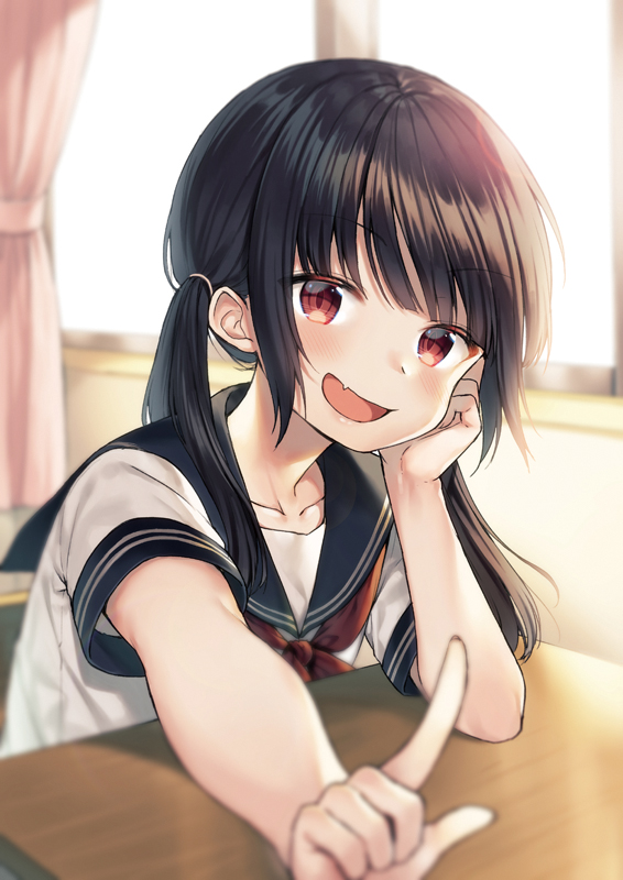 1girl black_hair blurry_foreground desk eyebrows_visible_through_hair fang head_on_hand long_hair looking_at_viewer midorikawa_you open_mouth original pointing red_eyes school_desk school_uniform solo twintails
