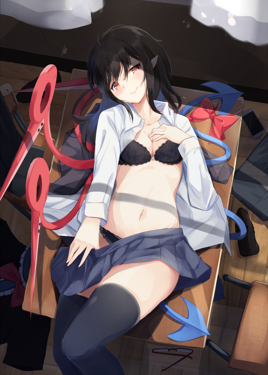 1girl asymmetrical_wings black_bra black_hair black_legwear black_panties blue_skirt blue_wings blush bow bowtie bowtie_removed bra breasts cellphone chair cleavage collarbone commentary_request cowboy_shot from_above glasses hand_on_own_chest head_tilt highres houjuu_nue igakusei indoors lace lace-trimmed_bra lace-trimmed_panties long_hair long_sleeves looking_at_viewer lying miniskirt navel on_back open_clothes open_shirt panties phone pleated_skirt pointy_ears red_bow red_eyes red_wings shirt skirt smartphone smile solo stomach table thigh-highs touhou underwear white_shirt wings wooden_floor