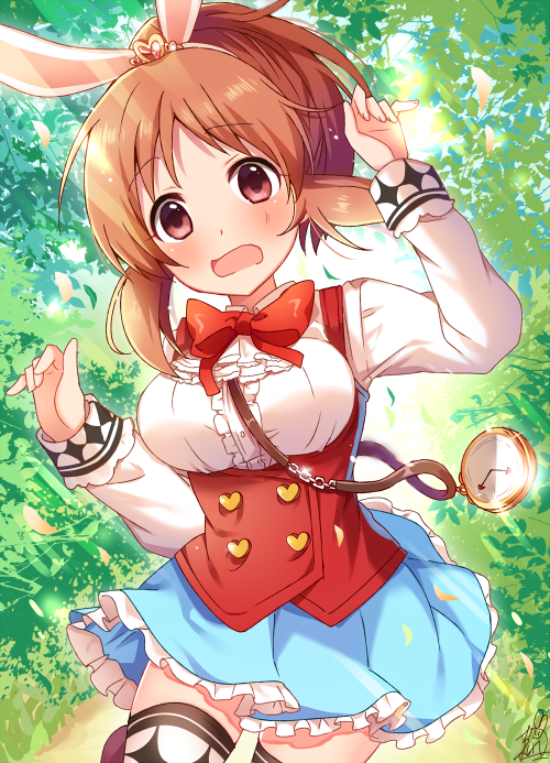 1girl abe_nana animal_ears arm_up blue_skirt blush bow breasts brown_eyes brown_hair collared_shirt commentary_request day fingernails forest hair_ornament hand_up head_tilt heart heart_hair_ornament idolmaster idolmaster_cinderella_girls long_sleeves looking_at_viewer medium_breasts nature omuretsu open_mouth outdoors pleated_skirt pocket_watch rabbit_ears red_bow shirt skirt solo standing standing_on_one_leg thigh-highs underbust watch white_shirt