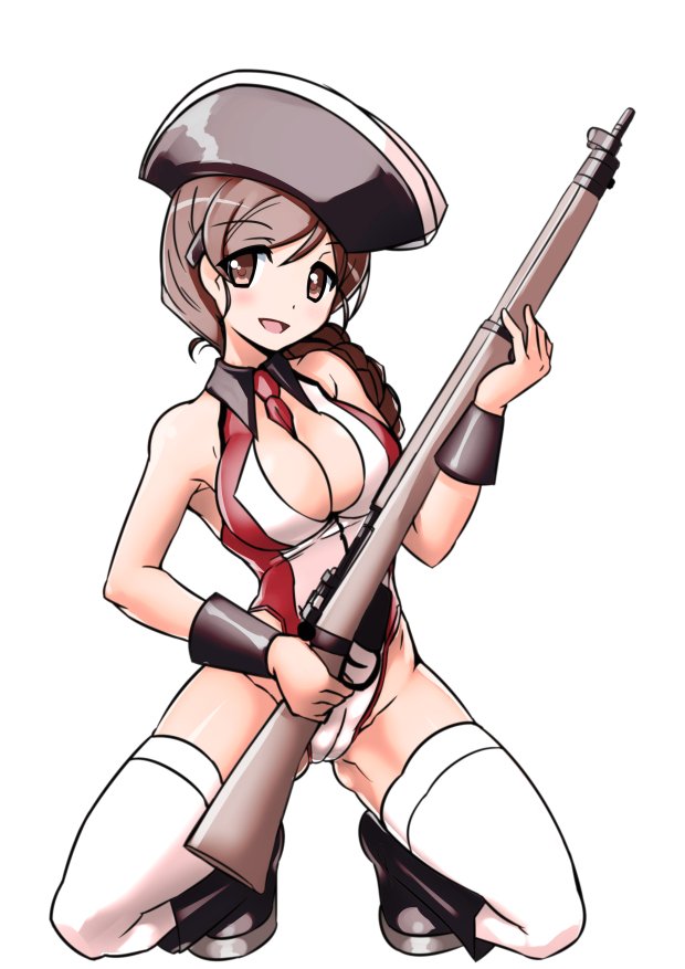 1girl aegis_(nerocc) american_revolution bangs between_breasts bicorne black_collar black_footwear black_hat boots braid breasts british brown_eyes brown_hair commentary eyebrows_visible_through_hair full_body girls_und_panzer gun hair_ornament hair_over_shoulder hairclip hat highleg highleg_leotard holding holding_gun holding_weapon kneeling leotard light_smile long_hair looking_at_viewer medium_breasts necktie open_mouth red_leotard red_neckwear rifle rukuriri simple_background single_braid solo thigh-highs weapon white_background white_legwear wing_collar wrist_cuffs