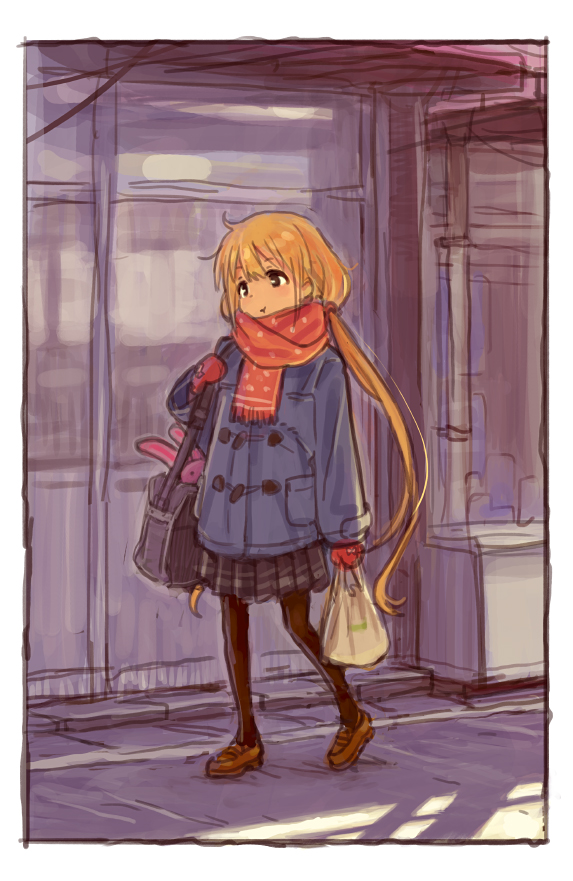 1girl :t bag blonde_hair brown_eyes coat full_body futaba_anzu grocery_bag idolmaster idolmaster_cinderella_girls loafers long_hair low_twintails matsuo_yuusuke mittens outdoors pantyhose pleated_skirt scarf shoes shopping_bag shoulder_bag sketch skirt solo stuffed_animal stuffed_bunny stuffed_toy twintails