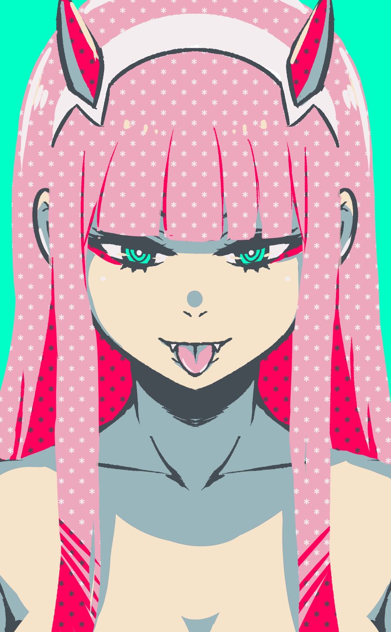 1girl akairiot bare_shoulders collarbone darling_in_the_franxx fangs green_eyes highres horns long_hair looking_at_viewer pink_hair solo tongue tongue_out upper_body zero_two_(darling_in_the_franxx)