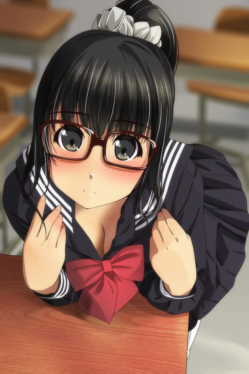 1girl bangs black_eyes black_hair black_serafuku black_skirt blurry blurry_background blush bow bowtie breasts brown-framed_eyewear chair classroom cleavage commentary_request desk eyebrows_visible_through_hair glasses highres leaning_on_object long_sleeves looking_at_viewer matsunaga_kouyou original ponytail red_neckwear school_chair school_desk school_uniform scrunchie serafuku skirt solo white_scrunchie