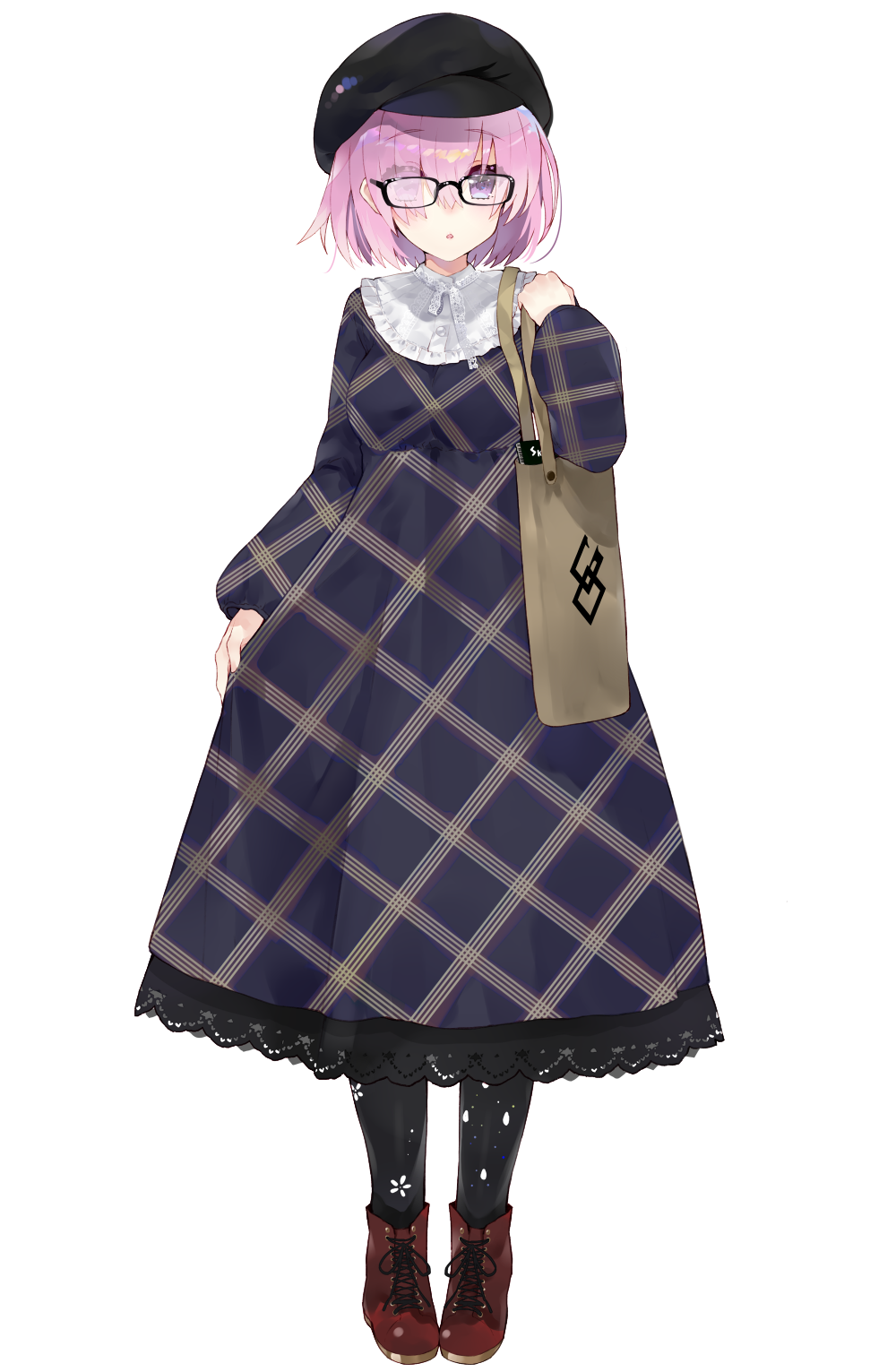 1girl ankle_boots bag bangs beret boots breasts commentary_request dress eyebrows_visible_through_hair fate/grand_order fate_(series) full_body glasses hair_over_one_eye hat highres kou_mashiro long_dress long_sleeves looking_at_viewer mash_kyrielight medium_breasts pantyhose parted_lips pink_hair short_hair solo standing violet_eyes white_background