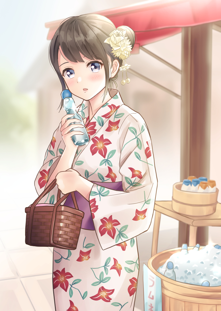 1girl basket blue_eyes blue_sky blurry blurry_background bottle brown_hair commentary_request day depth_of_field glint hair_bun head_tilt holding holding_basket holding_bottle ice ice_cube japanese_clothes kimono looking_at_viewer obi original outdoors parted_lips print_kimono ramune sash side_bun sky solo standing tile_floor tiles white_kimono yukata yukimaru217