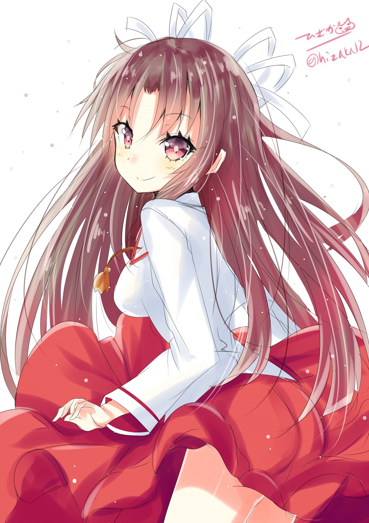 1girl ass blush breasts closed_mouth eyebrows_visible_through_hair highres hiyou_(kantai_collection) hizaka jacket kantai_collection long_hair long_skirt long_sleeves looking_at_viewer medium_breasts red_eyes red_skirt simple_background skirt smile solo twitter_username very_long_hair white_background white_jacket