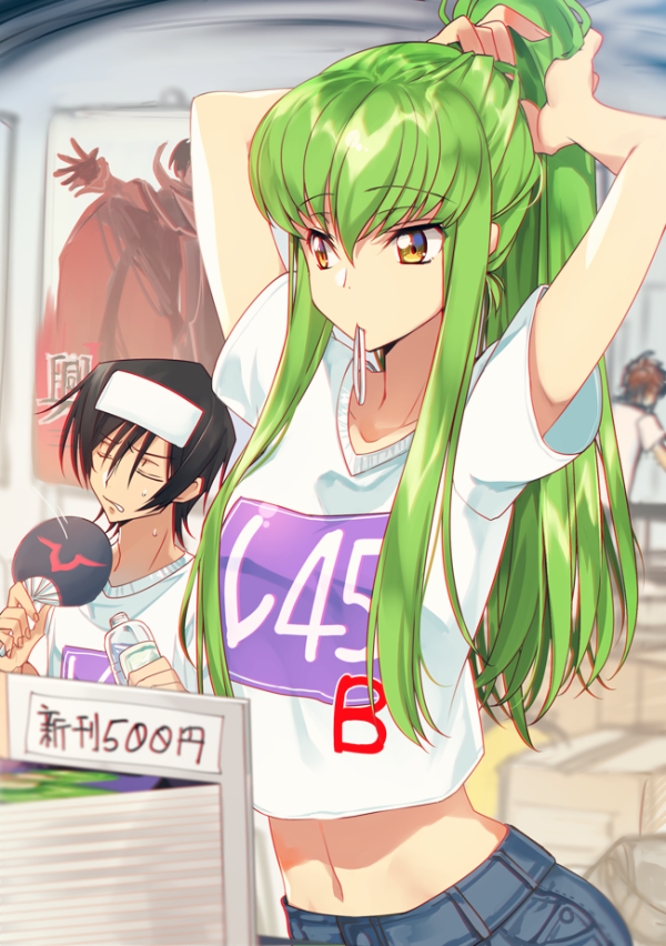 1girl 2boys adjusting_hair arms_up bangs black_hair bottle c.c. closed_eyes code_geass collarbone commentary_request convention creayus eyebrows_visible_through_hair fan fanning from_behind green_hair hair_between_eyes hand_in_hair holding holding_bottle indoors kururugi_suzaku lelouch_lamperouge long_hair mouth_hold multiple_boys navel novel_(object) parted_lips ponytail shirt short_hair short_sleeves sidelocks sitting standing sweatdrop tying_hair upper_body white_shirt yellow_eyes