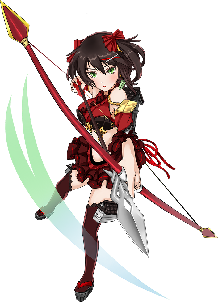 1girl aiming arrow artist_request bare_shoulders black_hair bow_(weapon) breasts detached_sleeves drawing_bow earrings frilled_shirt_collar frilled_skirt frills full_body green_eyes holding holding_arrow holding_bow_(weapon) holding_weapon jewelry large_breasts looking_at_viewer midriff miniskirt nabegama_(oshiro_project) navel official_art open_mouth oshiro_project oshiro_project_re outstretched_arm short_hair skirt solo thigh-highs transparent_background weapon