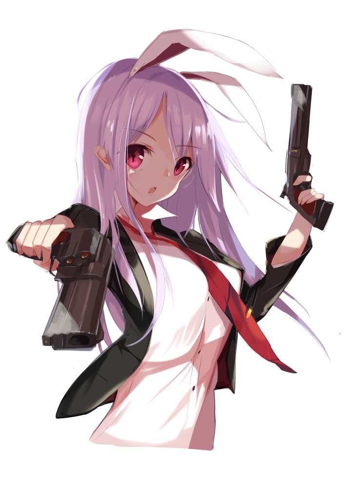 1girl animal_ears bangs black_jacket collared_shirt commentary cropped_torso dual_wielding eyebrows_visible_through_hair foreshortening gun handgun holding jacket lavender_hair long_hair looking_at_viewer necktie open_clothes open_jacket open_mouth rabbit_ears red_eyes red_neckwear reisen_udongein_inaba revolver shirt simple_background solo standing tetsurou_(fe+) touhou upper_body weapon white_background white_shirt