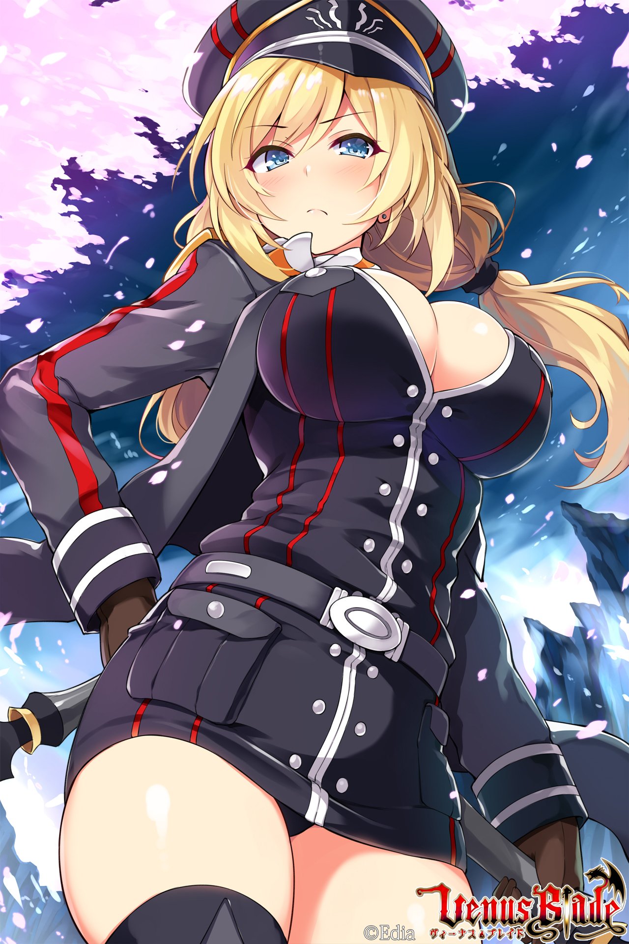1girl arm_behind_back belt black_hairband blonde_hair blue_dress blue_eyes blue_sky blush breasts brown_gloves cherry_blossoms cleavage closed_mouth commentary copyright_name dress dual_wielding earrings from_below frown gloves hairband hat highres hisenkaede holding jacket jewelry large_breasts long_hair looking_at_viewer low-tied_long_hair military military_hat military_uniform open_clothes open_jacket sky solo thigh-highs under_boob uniform venus_blade weapon