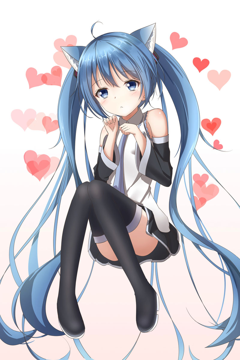 1girl absurdly_long_hair ahoge akira_(been0328) animal_ears bangs black_footwear black_skirt blue_eyes blue_hair boots cat_ears cat_tail detached_sleeves eyebrows_visible_through_hair floating_hair full_body grey_neckwear hair_between_eyes hatsune_miku heart highres long_hair looking_at_viewer miniskirt necktie pleated_skirt shiny shiny_skin shirt skirt sleeveless sleeveless_shirt solo tail thigh-highs thigh_boots twintails very_long_hair vocaloid white_background white_shirt zettai_ryouiki