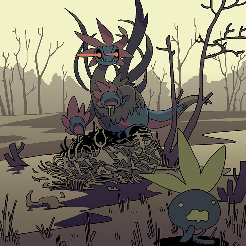 bare_tree closed_mouth day dragon drooling fangs fangs_out full_body fur gen_1_pokemon gen_5_pokemon grass hydreigon light_trail looking_at_another multiple_heads multiple_wings no_humans oddish open_mouth outdoors pokemon pokemon_(creature) red_eyes running saboterian skeleton standing swamp tree wings yellow_sky