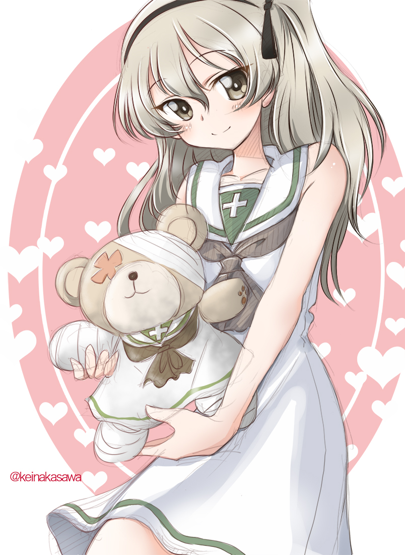 1girl adapted_uniform alternate_costume bandage bangs black_neckwear black_ribbon boko_(girls_und_panzer) brown_eyes commentary cowboy_shot dress eyebrows_visible_through_hair girls_und_panzer hair_ribbon head_tilt heart holding holding_stuffed_animal light_brown_hair long_hair looking_at_viewer nakasawa_kei neckerchief ooarai_school_uniform ribbon sailor_dress shimada_arisu short_dress side_ponytail sketch solo standing stuffed_animal stuffed_toy teddy_bear white_dress