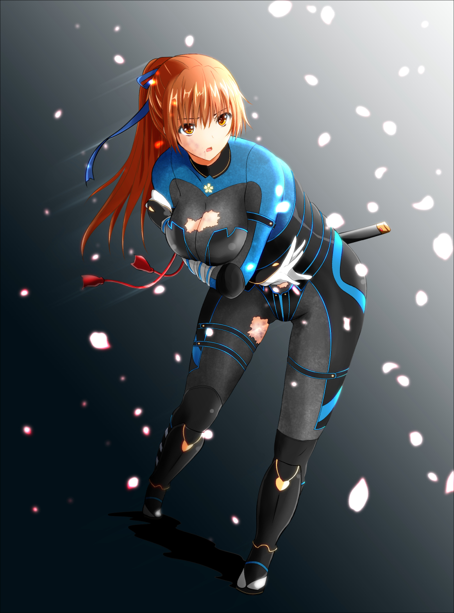 1girl arm_under_breasts auburn_hair bent_over blue_ribbon bodysuit breasts brown_eyes cherry_blossoms cleavage dead_or_alive dead_or_alive_6 hair_ribbon highres kasumi_(doa) kettsu large_breasts leaning_forward ninja open_mouth ponytail ribbon sheath sword sword_behind_back tabi torn_clothes weapon