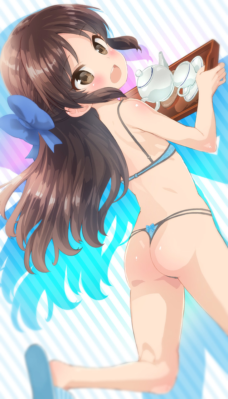1girl :d ass back bangs bare_arms bare_legs bare_shoulders bikini blue_bikini blue_bow blue_footwear blush bow brown_eyes brown_hair commentary_request cup dutch_angle eyebrows_visible_through_hair flat_chest from_behind hair_bow highres holding holding_tray idolmaster idolmaster_cinderella_girls leg_up long_hair looking_at_viewer looking_back open_mouth parted_bangs running saeki_tatsuya sidelocks smile solo striped striped_background swimsuit tachibana_arisu teacup teapot thong_bikini tray