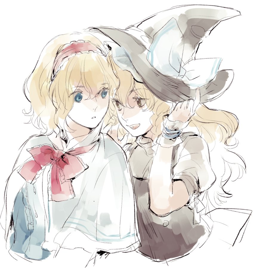 2girls alice_margatroid asakura_noi blonde_hair blue_eyes braid brown_eyes capelet hairband hat kirisame_marisa long_hair looking_at_another multiple_girls neck_ribbon ribbon short_hair single_braid smile touhou upper_body white_background witch_hat wrist_cuffs yellow_eyes