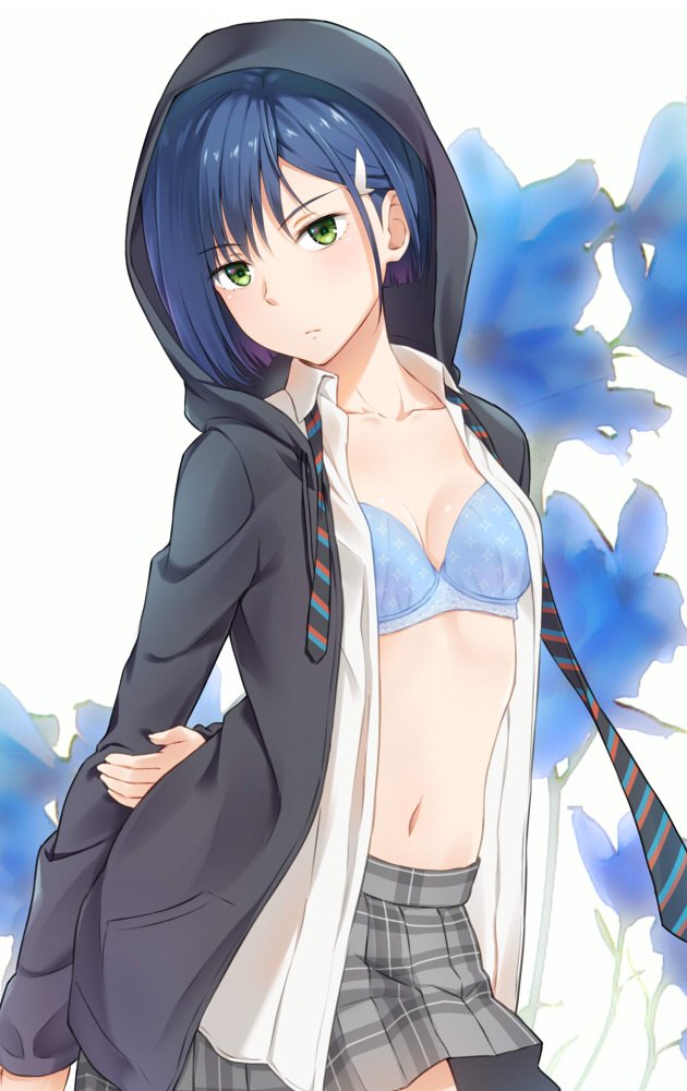 1girl blue_bra blue_hair blue_shirt bra breasts collarbone darling_in_the_franxx eyebrows_visible_through_hair green_eyes hair_ornament hairclip head_tilt hood hood_up hoodie ichigo_(darling_in_the_franxx) kanden_suki looking_at_viewer navel necktie open_clothes open_hoodie plaid plaid_skirt school_uniform shirt short_hair skirt small_breasts solo underwear