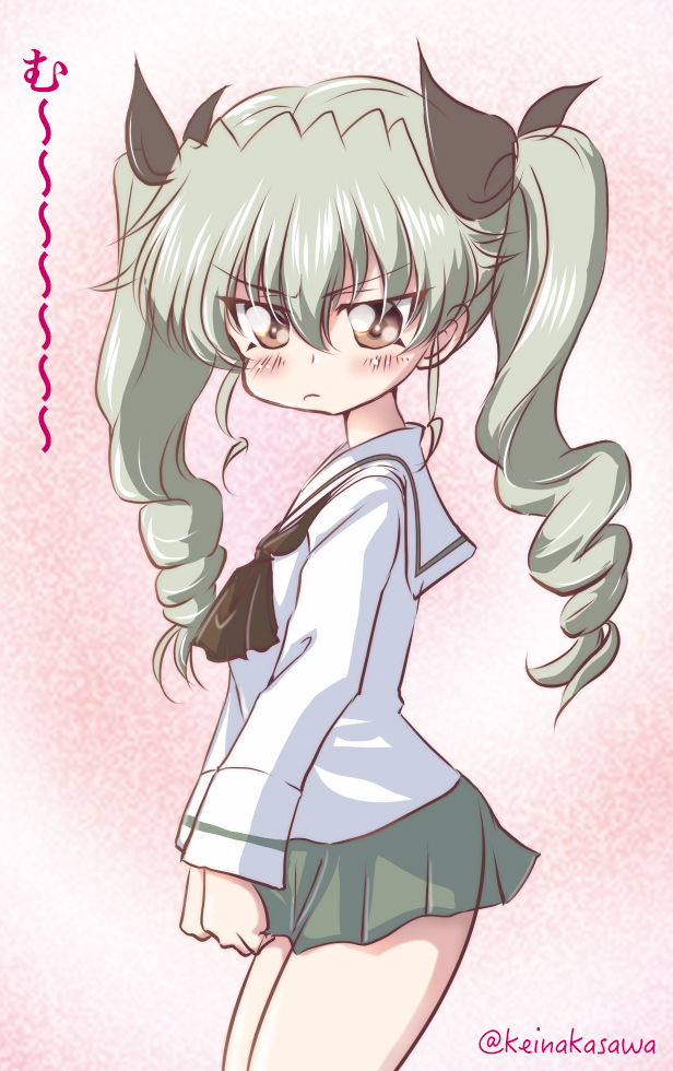 1girl anchovy bangs black_neckwear black_ribbon blouse closed_mouth commentary_request cowboy_shot drill_hair eyebrows_visible_through_hair from_side frown girls_und_panzer green_hair green_skirt hair_ribbon long_hair long_sleeves looking_at_viewer miniskirt nakasawa_kei neckerchief ooarai_school_uniform pink_background pleated_skirt pout red_eyes ribbon school_uniform serafuku skirt skirt_hold solo standing twin_drills twintails twitter_username v-shaped_eyebrows white_blouse