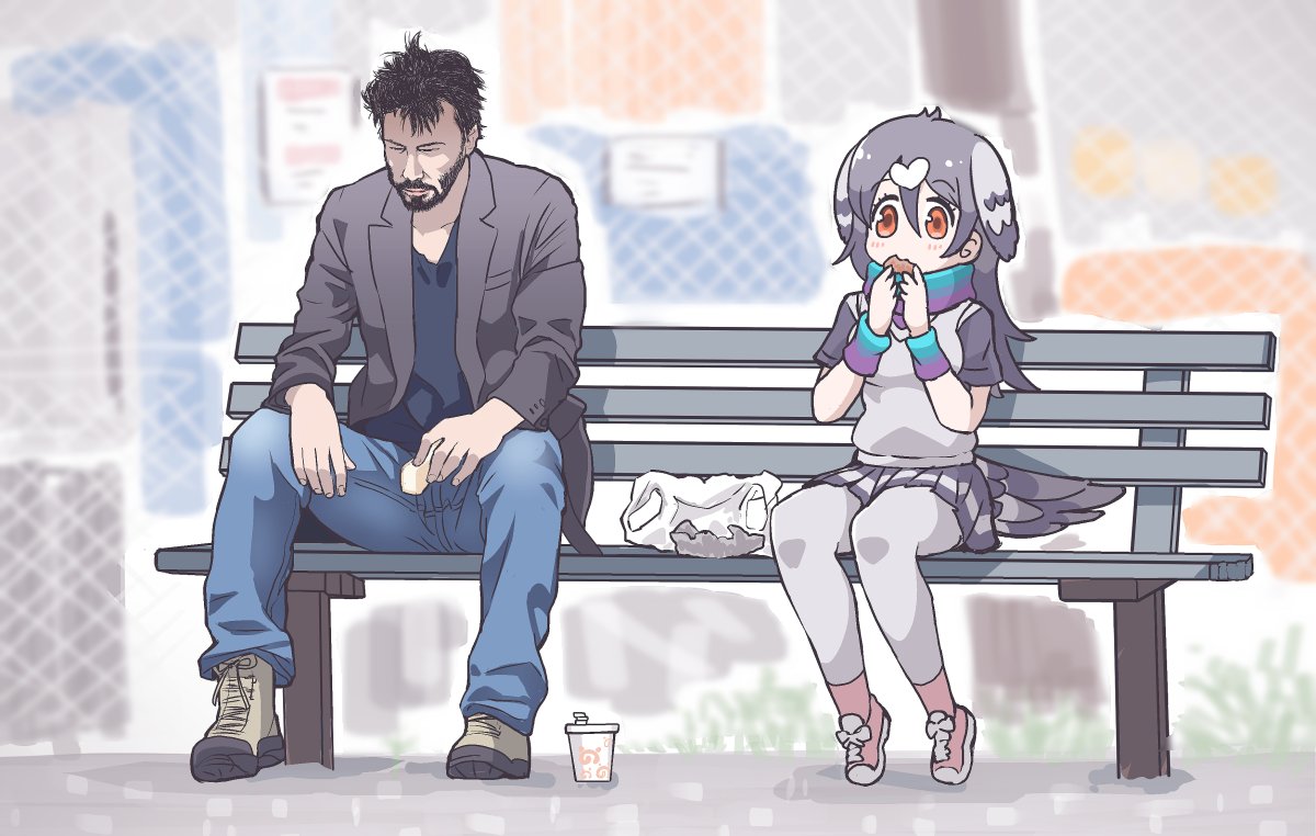 1boy 1girl bag bench blue_scarf commentary_request cup disposable_cup eating eyebrows_visible_through_hair gradient_scarf grey_hair grey_legwear grey_skirt grey_vest hair_between_eyes head_wings keanu_reeves kemono_friends long_hair meme miniskirt mojibake_commentary multicolored multicolored_clothes multicolored_scarf orange_eyes outdoors pantyhose partial_commentary photo-referenced pink_footwear plastic_bag pleated_skirt purple_scarf real_life rock_pigeon_(kemono_friends) scarf short_sleeves sitting sitting_on_bench skirt tanaka_kusao vest wire_fence wristband