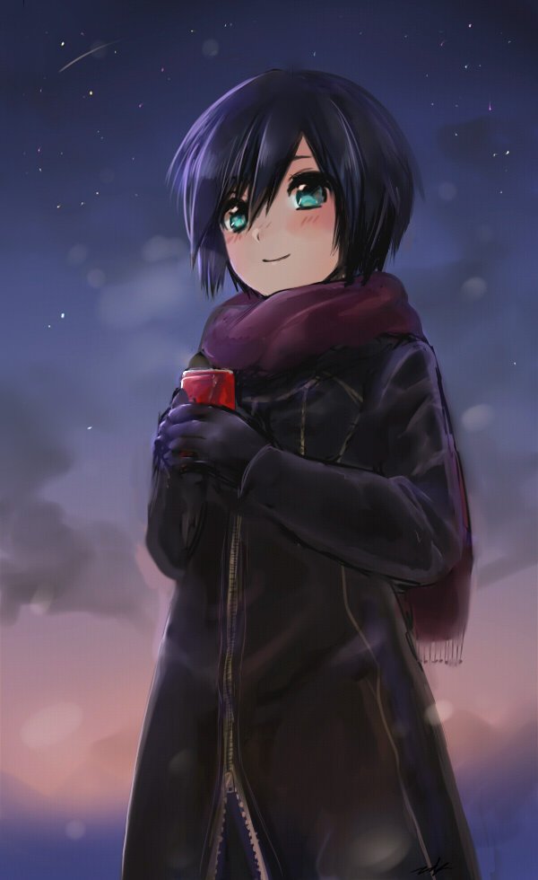 1girl aqua_eyes bangs black_coat black_coat_(kingdom_hearts) black_gloves black_hair blush can closed_mouth coat gloves hair_between_eyes holding holding_can kingdom_hearts kingdom_hearts_358/2_days long_sleeves mizu_ramen organization_xiii purple_scarf scarf shooting_star short_hair smile solo star_(sky) xion_(kingdom_hearts) zipper zipper_pull_tab