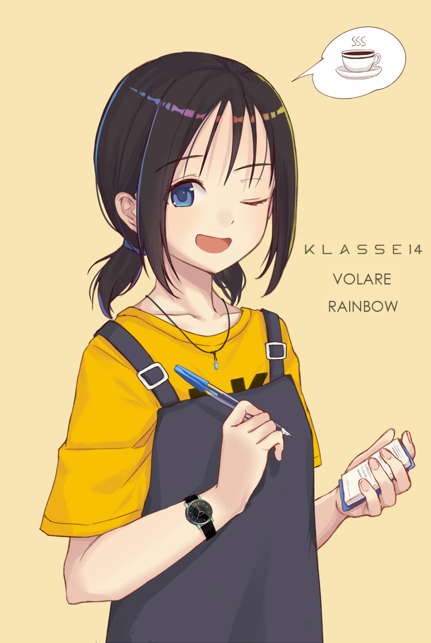 1girl ;d bangs black_hair blue_eyes collarbone commentary_request cup eyebrows_visible_through_hair hair_tie highres holding holding_notepad holding_pen itachi_kanade jewelry looking_at_viewer notepad one_eye_closed open_mouth original overalls pen pendant shirt short_twintails smile solo spoken_object tan_background teacup twintails upper_body waitress watch watch yellow_shirt