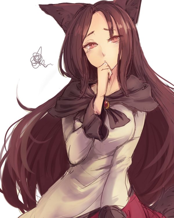 1girl animal_ears annoyed arm_at_side breasts brooch brown_hair collarbone commentary_request fingernails frilled_sleeves frills hand_to_own_mouth imaizumi_kagerou jewelry long_fingernails long_hair long_sleeves looking_at_viewer medium_breasts monster_girl skirt skirt_set slit_pupils solo tail terrajin touhou very_long_hair wide_sleeves wolf_ears wolf_tail