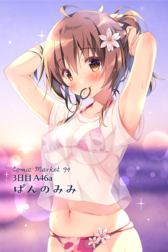 1girl ahoge armpits arms_up bangs bikini bikini_under_clothes blurry blush bokeh breasts brown_eyes brown_hair circle_name comiket_94 commentary_request depth_of_field eyebrows_visible_through_hair flower hair_flower hair_ornament hair_tie hair_tie_in_mouth halterneck looking_at_viewer medium_breasts mouth_hold navel no_pants original pan_(mimi) ponytail red_bikini see-through shirt short_sleeves solo sparkle sweat swimsuit tying_hair white_flower