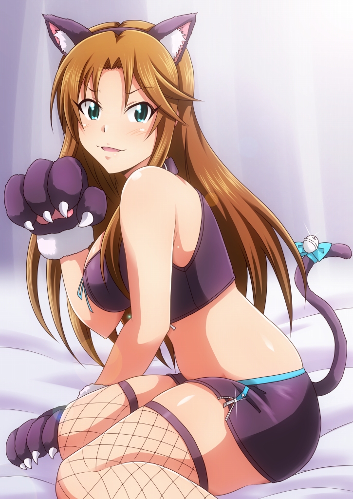 1girl animal_ears bangs bare_shoulders bell blue_bow blue_eyes bow breasts brown_hair bustier cat_ears cat_tail collar fake_animal_ears fishnet_legwear fishnets from_side gloves hairband idolmaster idolmaster_cinderella_girls idolmaster_million_live! large_breasts long_hair looking_at_viewer matsumoto_sarina midriff miniskirt parted_bangs parted_lips paw_gloves paws sitting skirt smile solo tail tail_bell tail_bow tanuki_(metaltanuki) thigh-highs wariza zipper zipper_pull_tab
