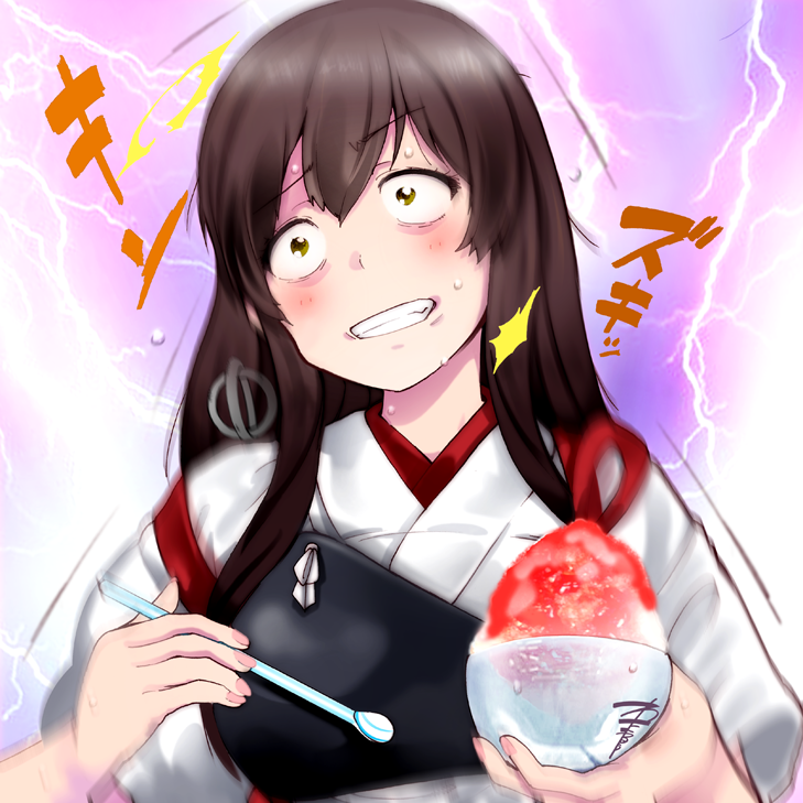 1girl akagi_(kantai_collection) blush brain_freeze brown_eyes brown_hair clenched_teeth commentary_request constricted_pupils eyebrows_visible_through_hair kantai_collection lightning long_hair motion_blur muneate shaved_ice solo spoon sweat teeth wide-eyed yamasaki_wataru