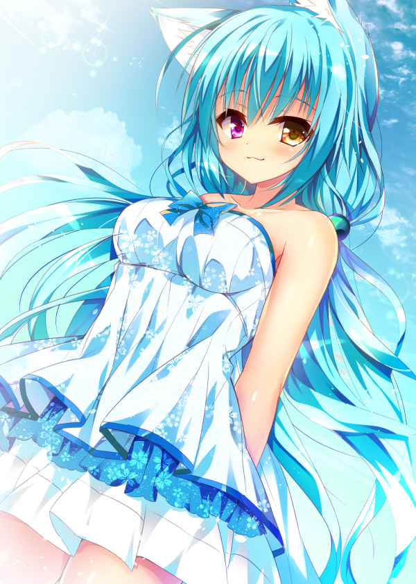 1girl :3 animal_ears arms_behind_back bangs bare_shoulders blue_hair blue_neckwear cat_ears collarbone commentary_request day dress hair_ornament heterochromia huei_nazuki light_blush long_hair looking_at_viewer orange_eyes original outdoors pink_eyes solo strapless strapless_dress very_long_hair