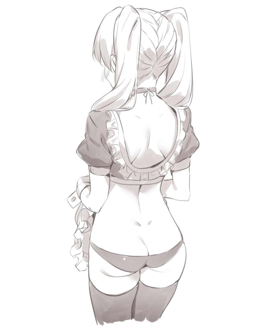 1girl 2l_(2lsize) apron ass blush butt_crack choker copyright_request cowboy_shot dimples_of_venus frill_trim from_behind greyscale highres long_hair monochrome simple_background solo thigh-highs twintails white_background wrist_cuffs