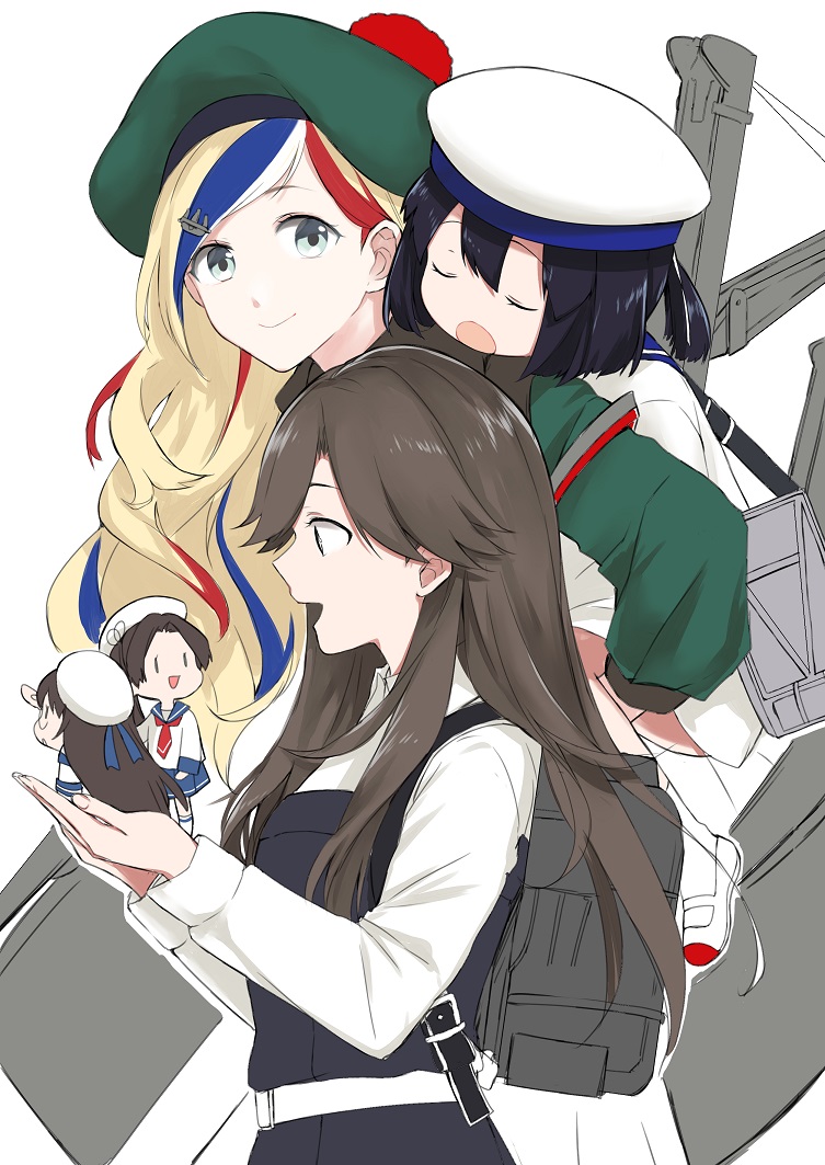 5girls :d anchor_hair_ornament arashio_(kantai_collection) beret blonde_hair blue_eyes blue_hair brown_hair carrying commandant_teste_(kantai_collection) commentary_request daitou_(kantai_collection) fairy_(kantai_collection) hair_ornament hat kantai_collection long_hair long_sleeves looking_at_another looking_at_viewer looking_away morinaga_miki multicolored_hair multiple_girls necktie open_mouth piggyback pom_pom_(clothes) ponytail profile redhead remodel_(kantai_collection) rigging sailor_collar school_uniform serafuku simple_background skilled_lookouts_(kantai_collection) sleeping smile streaked_hair white_background white_hair