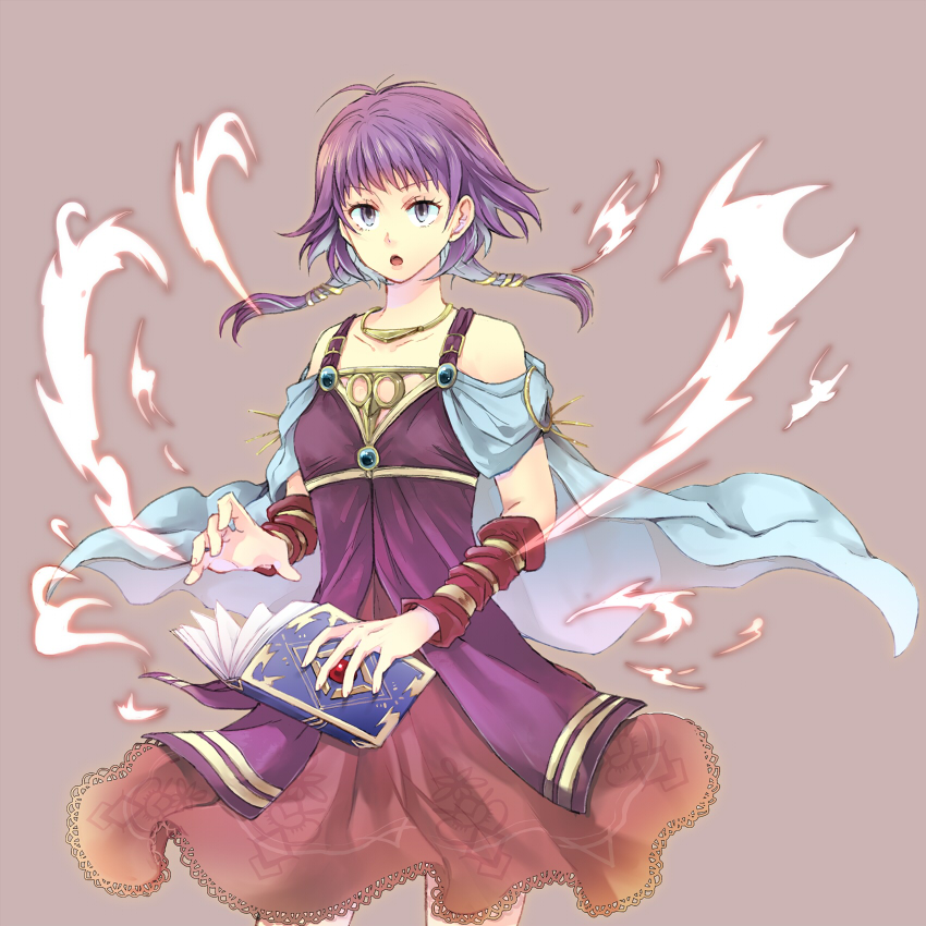 1girl arm_warmers bare_shoulders book breasts capelet cowboy_shot dress fire fire_emblem fire_emblem:_seima_no_kouseki kariu lavender_background looking_at_viewer lute_(fire_emblem) magic open_mouth purple_hair short_hair simple_background small_breasts solo twintails violet_eyes