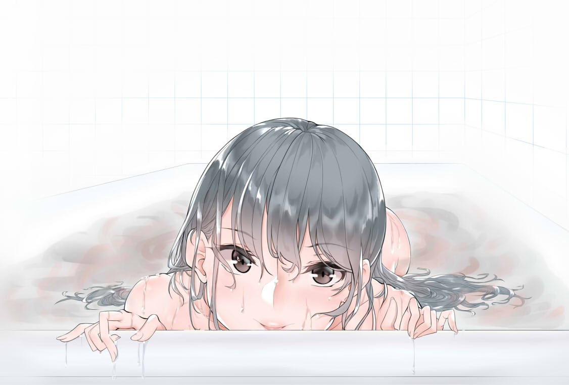 1girl ass bababababan bangs bath bathing bathtub black_eyes black_hair eyebrows_visible_through_hair long_hair looking_at_viewer nude original smile solo water wet