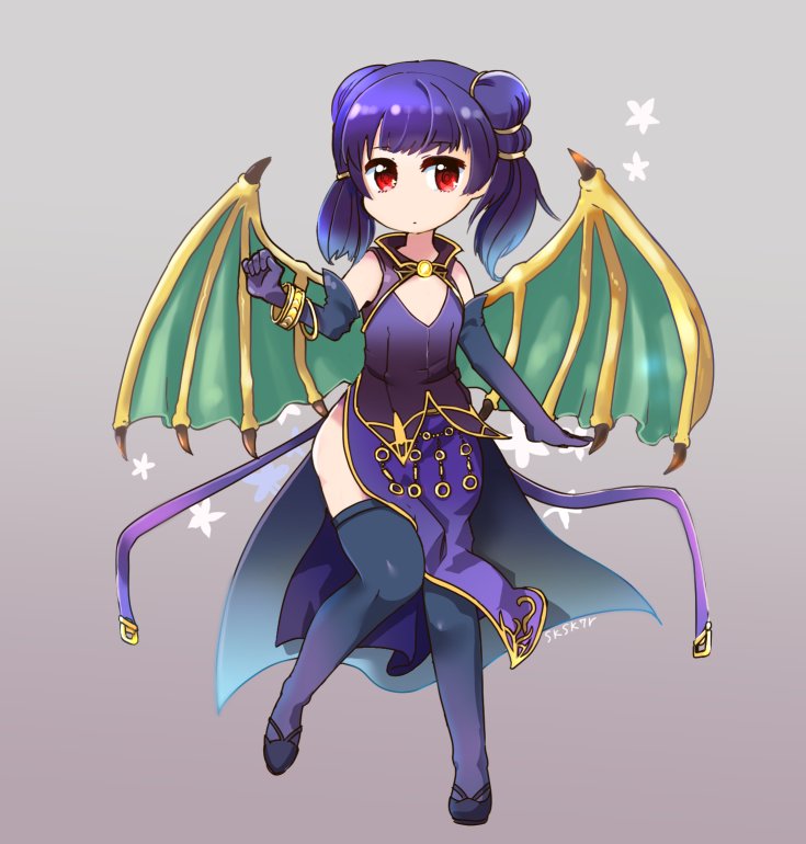 1girl bracelet cape cosplay dragon_wings dress elbow_gloves fire_emblem fire_emblem:_rekka_no_ken fire_emblem:_seima_no_kouseki fire_emblem_heroes full_body gloves grey_background jewelry long_hair mamkute multi-tied_hair myrrh purple_hair side_slit simple_background sksk7r solo thigh-highs twintails ursula_(fire_emblem) ursula_(fire_emblem)_(cosplay) wings