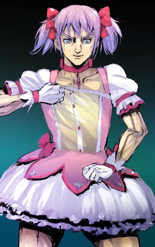 1boy araki_hirohiko_(style) bangs blue_eyes bow brooch choker commentary_request cosplay dress fabulous facing_viewer giorno_giovanna gloves gradient gradient_background hair_bow jewelry jojo_no_kimyou_na_bouken jojo_pose kaname_madoka kaname_madoka_(cosplay) magical_girl mahou_shoujo_madoka_magica mushi_gyouza pleated_skirt pose puffy_dress puffy_short_sleeves puffy_sleeves purple_hair red_bow red_choker short_dress short_hair short_sleeves short_twintails simple_background skirt solo twintails upper_body vento_aureo white_gloves