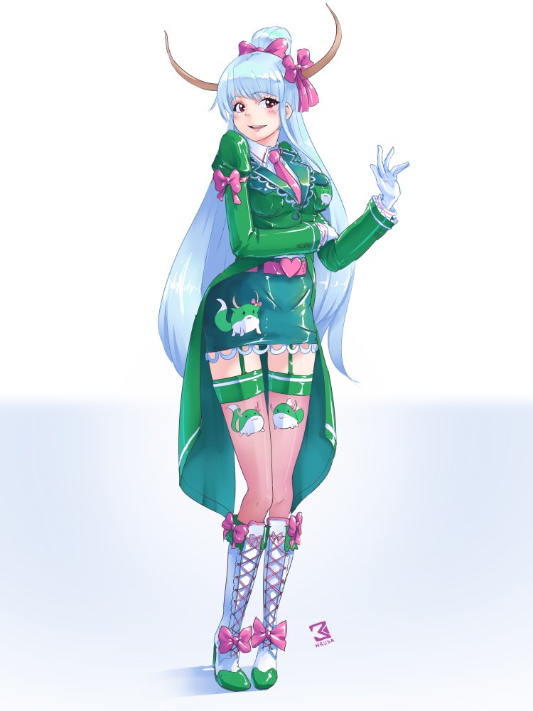1girl alternate_costume blue_hair boots bow breasts cross-laced_footwear david_hrusa ex-keine formal gloves hair_bow hair_bun high_heel_boots high_heels horns kamishirasawa_keine lace-up_boots looking_to_the_side necktie pencil_skirt shoe_bow shoes skirt suit sukusuku_hakutaku thigh-highs touhou white_footwear