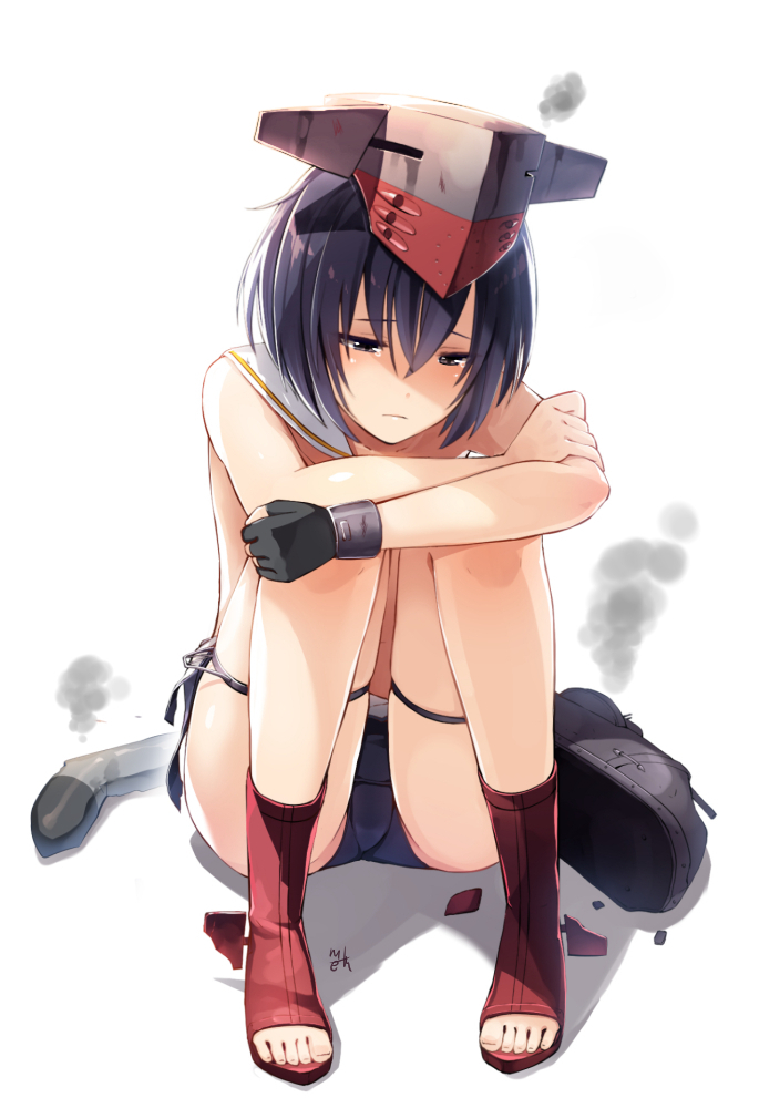 1girl artist_name bangs blue_hair commentary_request crossed_arms eyebrows_visible_through_hair frown full_body gloves grey_eyes hair_between_eyes half-closed_eyes hands_on_own_knees hat i-13_(kantai_collection) kantai_collection knees_up machinery meth_(emethmeth) sailor_collar short_hair signature single_glove sitting smoke solo swimsuit thigh_strap toeless_legwear torn_clothes torn_swimsuit torpedo